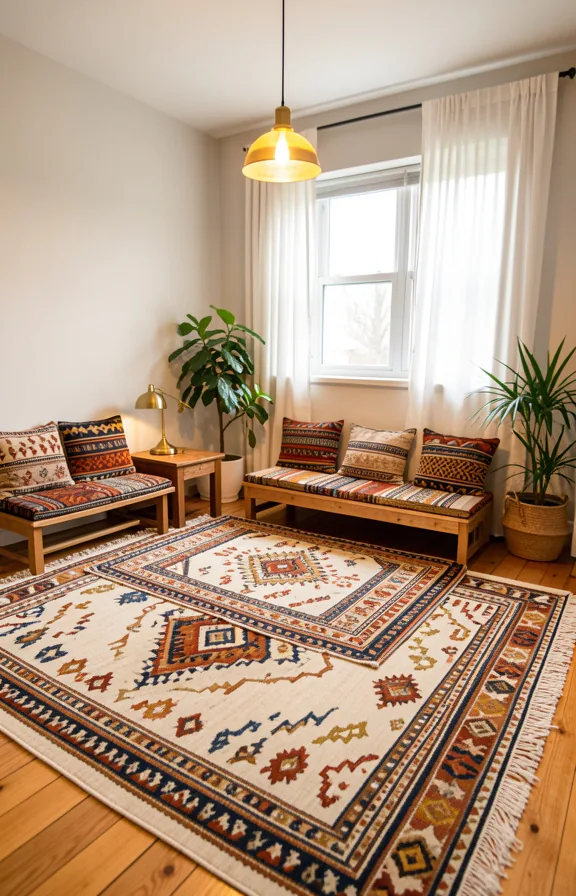 indigo, rust, and gold tones overlapping on wooden floor