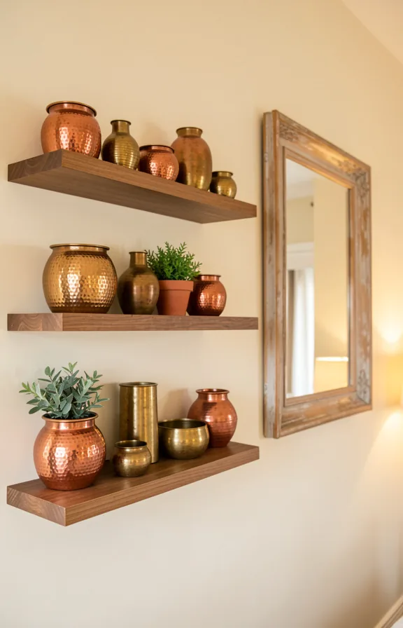 warm ambient lighting reflecting off metallic surfaces, wooden floating shelves