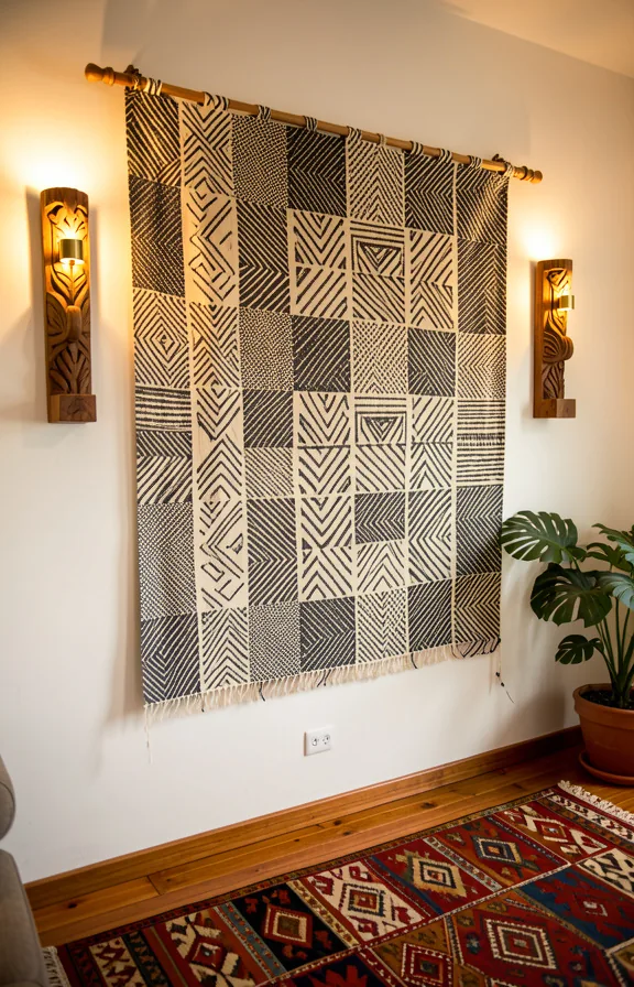mounted as tapestry on wooden rod, flanked by carved wooden wall sconces with brass details