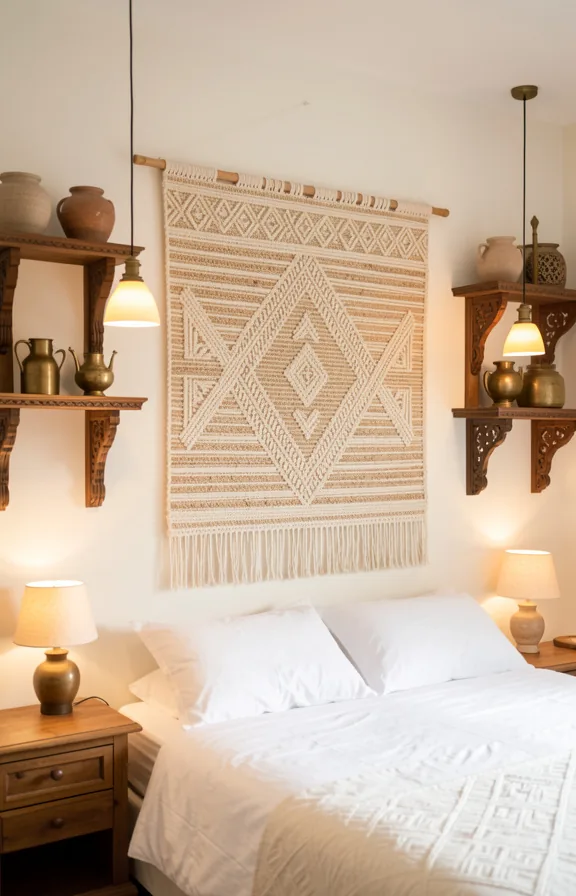 mounted on wooden rod, flanked by carved wooden shelves displaying ceramic vessels and brass objects