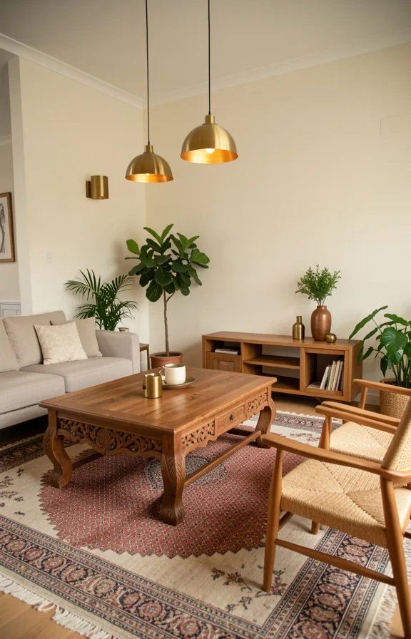 low wooden shelving unit, and wooden side chairs with woven rush seats