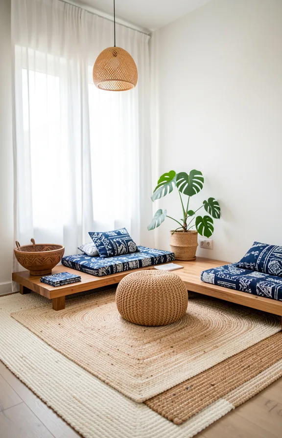 low wooden platform seating with indigo mudcloth pillows