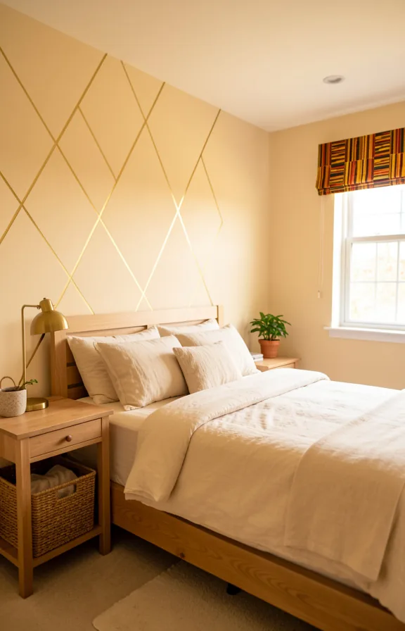 natural wood bed frame, cream linen bedding, wooden side table with brass lamp