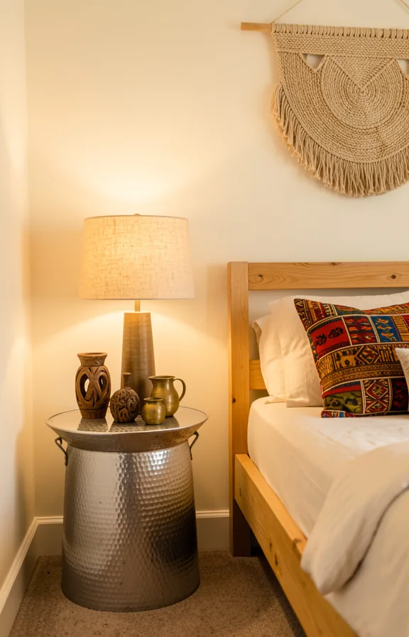 displaying carved wooden objects and brass vessels, warm table lamp with linen shade