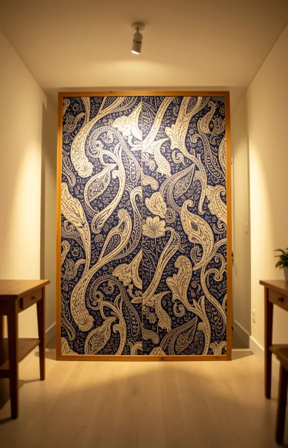 mounted on wooden frame, separating zones, warm ambient lighting creating shadow effects