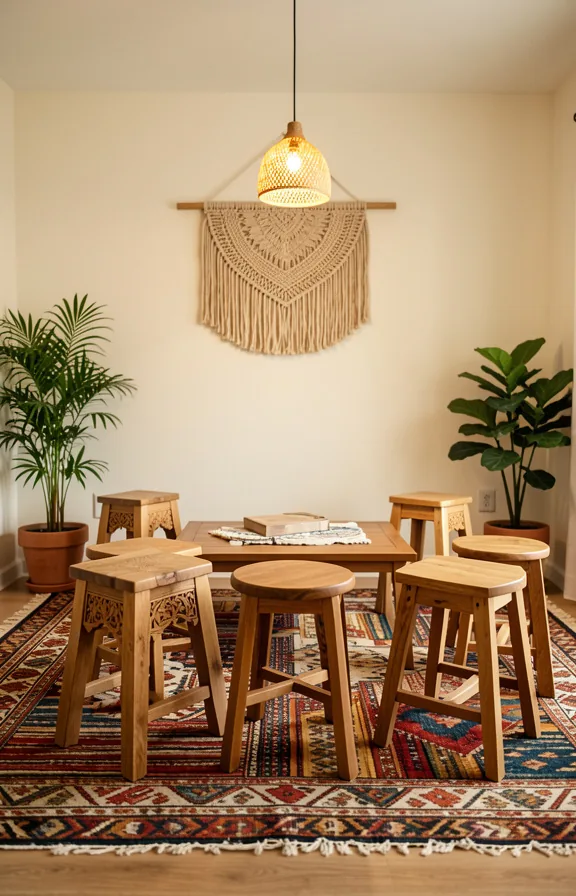 natural wood finish with carved details, layered tribal rugs beneath