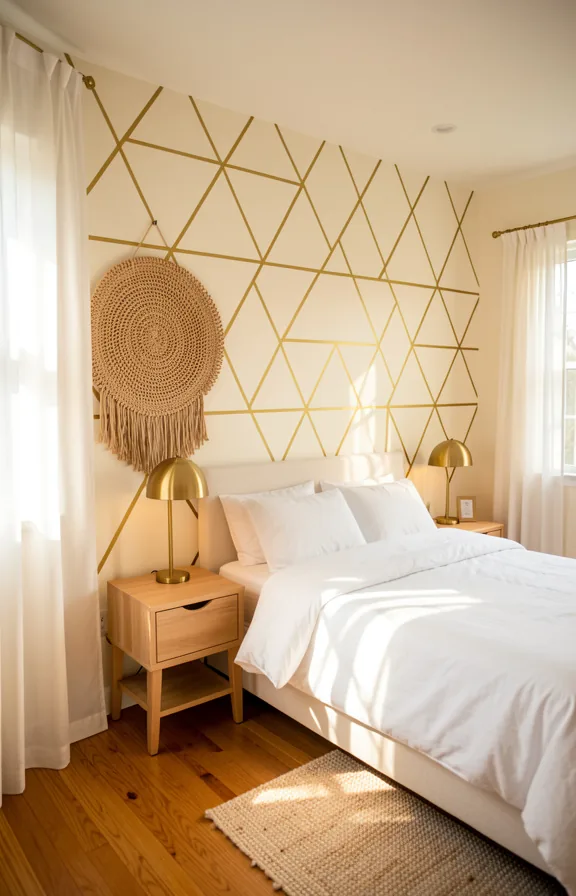 white bedding, natural wood nightstands with brass lamps