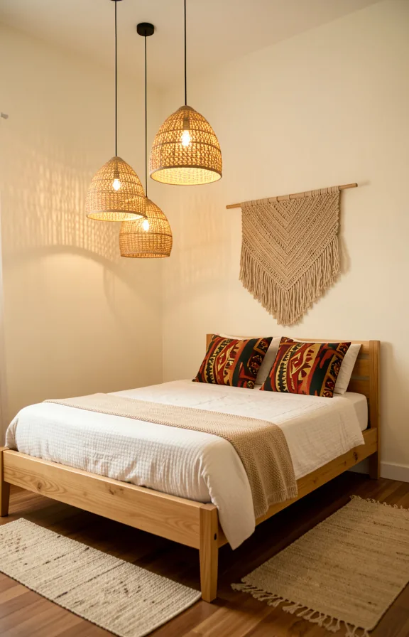 natural woven texture, warm light filtering through, natural wood bed frame