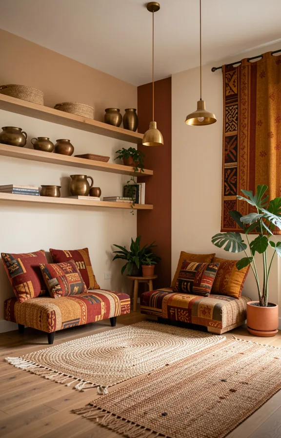natural wood floating shelves, mudcloth pillows on low seating