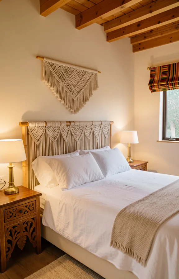 white linen bedding, two carved wooden bedside tables with brass table lamps