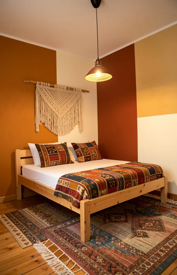 ochre, and cream in geometric sections, natural wood bed frame