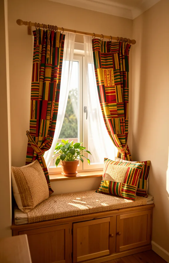 gold, and green geometric patterns, natural wood curtain rod