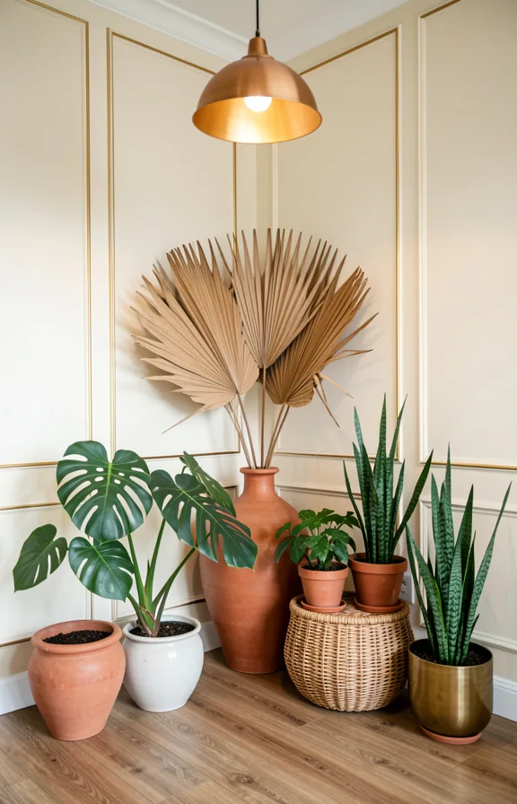ceramic, and brass vessels, dried palm fronds in tall vase