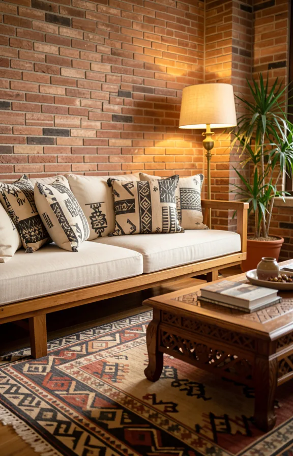 low wooden sofa frame, layered tribal pattern rugs beneath