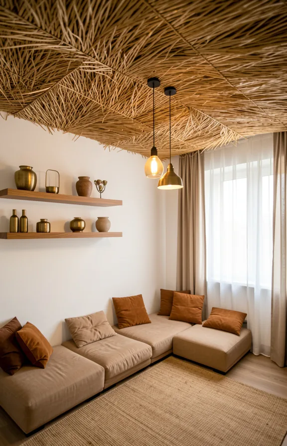 white walls below, wooden floating shelves with brass and ceramic objects
