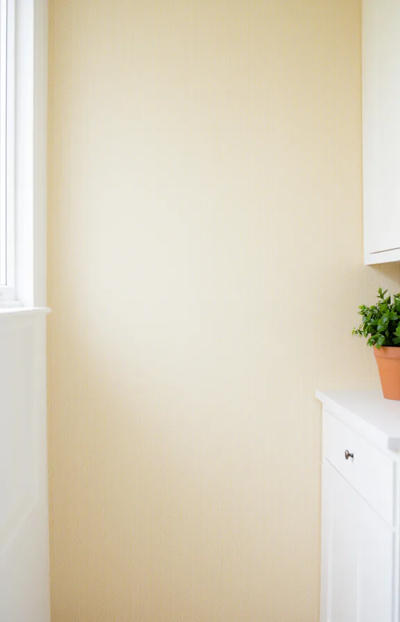 3/4 view of a kitchen wall featuring pale cream peel-and-stick wallpaper with delicate geometric