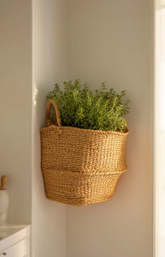 3/4 view of a woven wall basket in natural tan fibers