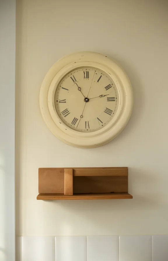 mounted on a pale kitchen wall above a small wooden shelf