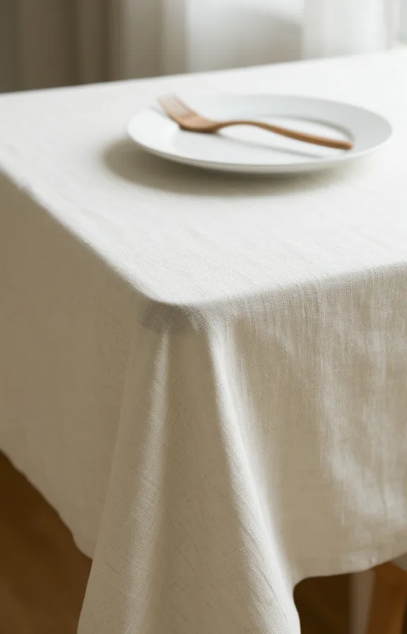 3/4 view of a sheer linen tablecloth in soft cream draped over a small kitchen table