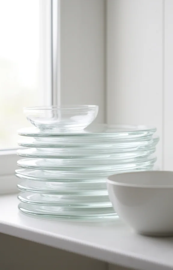 clean glass surfaces catching soft light, white ceramic bowl beside