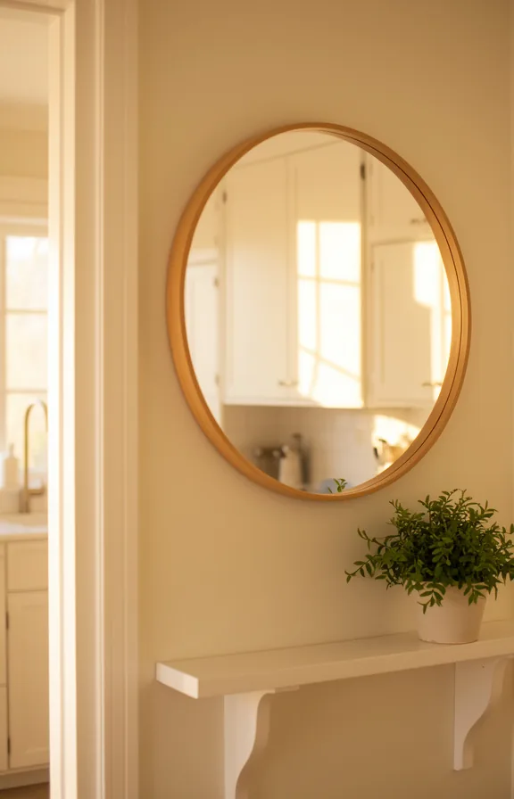 3/4 view of a large round mirror with thin wood frame hung on a kitchen wall