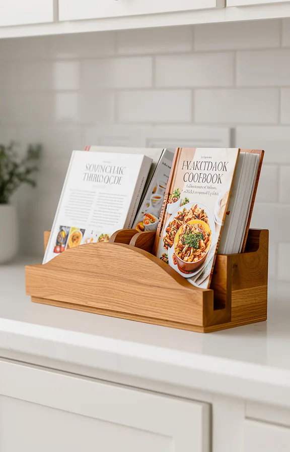 natural wood finish visible, white countertop and backsplash behind