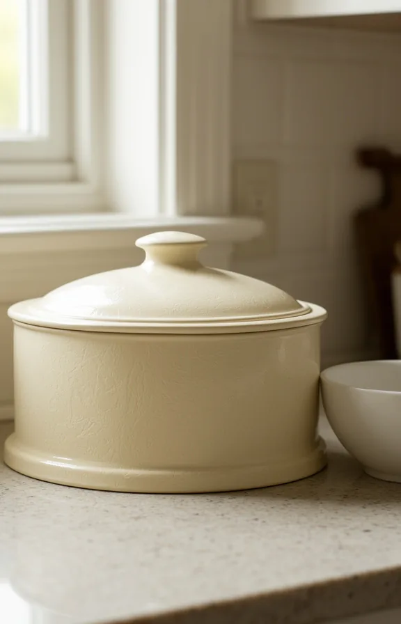 3/4 view of a thrifted ceramic bread box in soft cream color