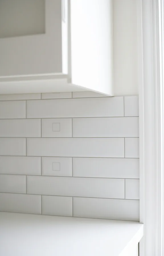 showing clean adhesion and professional grout-line appearance, adjacent white cabinet
