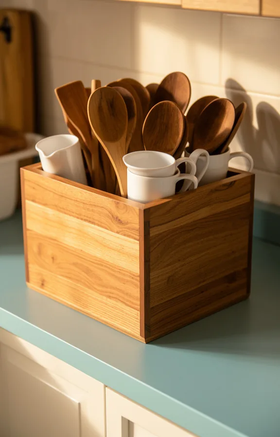 3/4 view of a wooden utensil caddy on a kitchen counter holding wooden spoons and white measuring