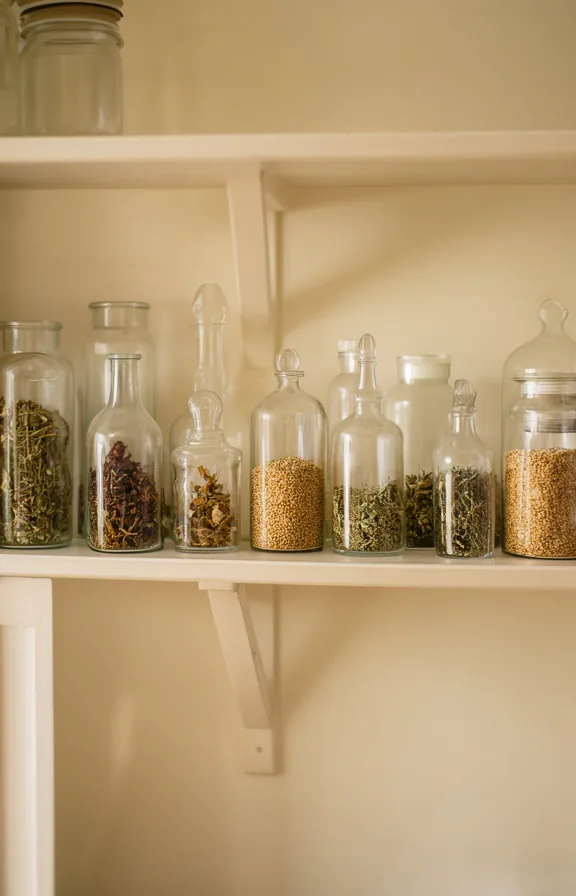 bottles contain dried herbs and grains, soft morning light illuminating contents