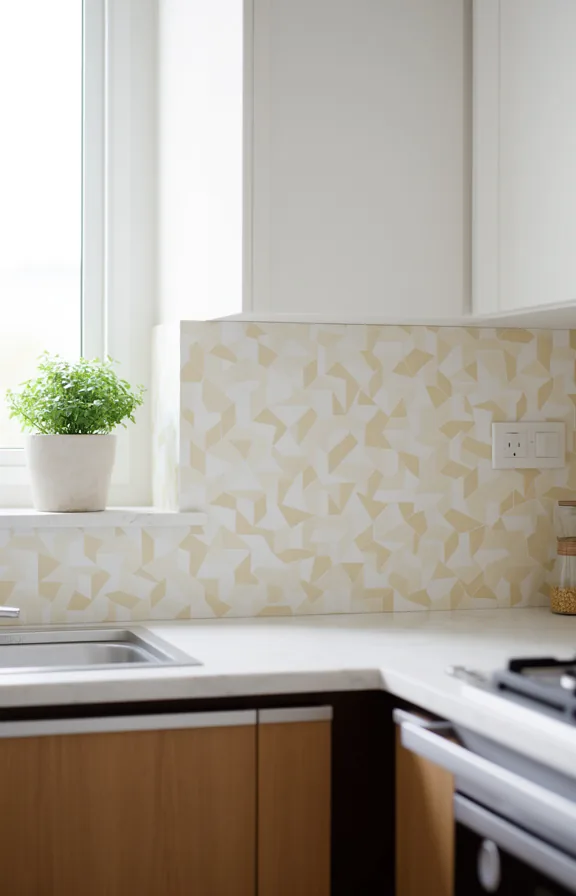 3/4 view of removable tile decals on a kitchen wall section
