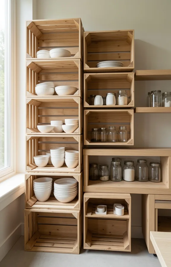 displaying white ceramic bowls and glass jars, light wood finish