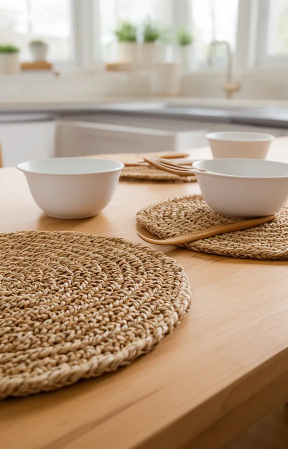 3/4 view of woven placemats in natural tan fibers layered on a light wood kitchen table