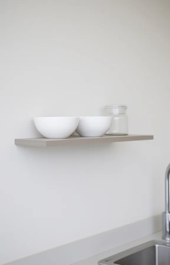 3/4 view of a slim floating shelf mounted on a soft white wall