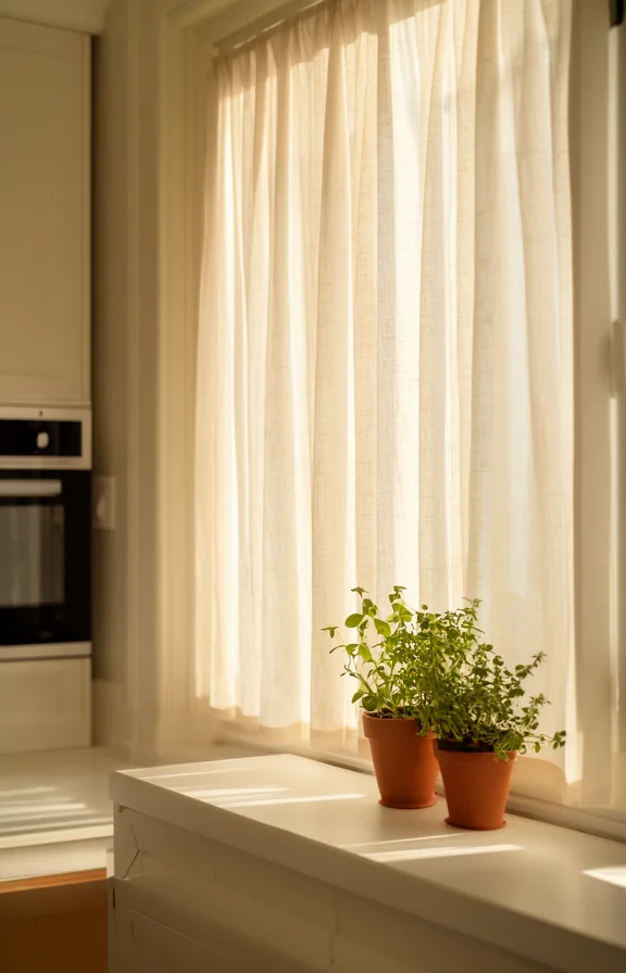 fabric gently gathered, bright natural light passing through creating soft shadows