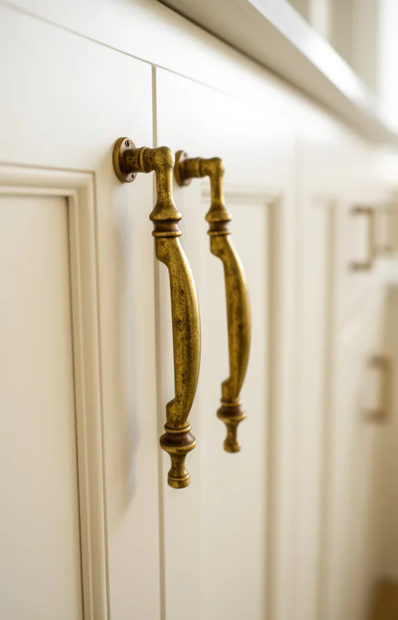 3/4 view of vintage brass cabinet hardware installed on white kitchen cabinet doors