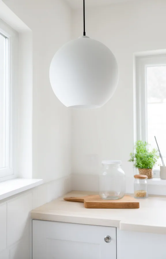 globe shape in soft matte white, counter below holds a cutting board and glass jar