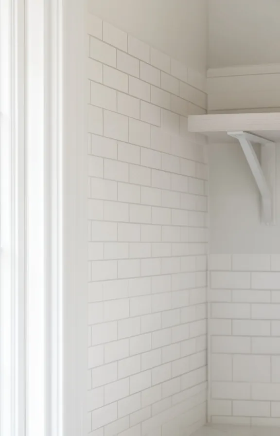 3/4 view of white subway tile contact paper applied to a kitchen wall section