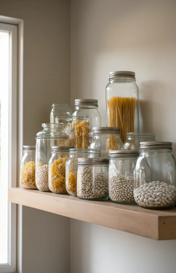 various heights and sizes, containing dried pasta and white beans