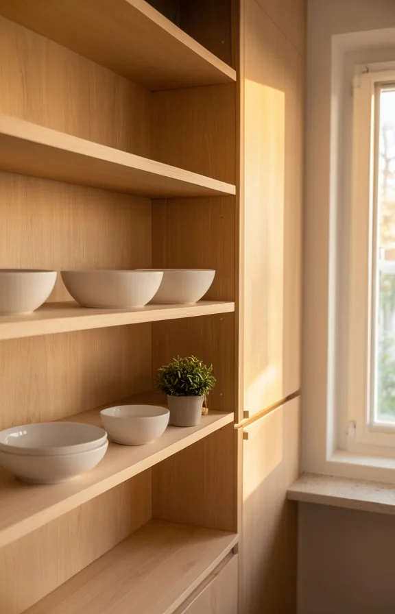 3/4 view of a natural wood open shelving unit in a rental kitchen