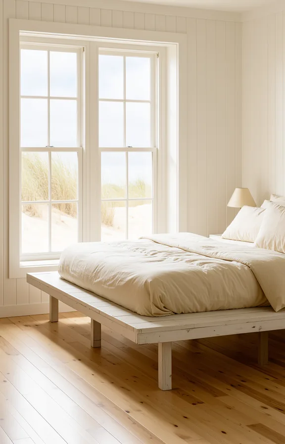 pale wood flooring, white shiplap walls