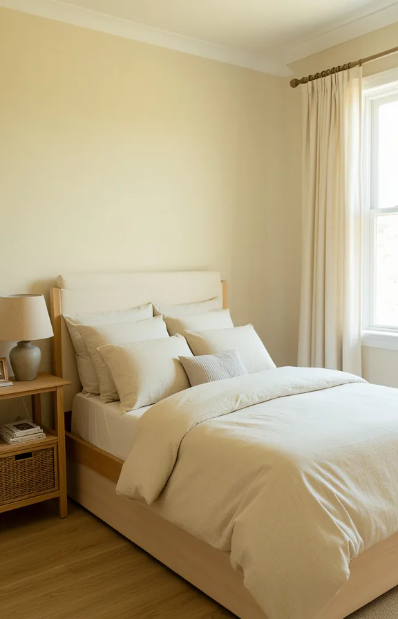 Full bedroom interior painted entirely in pale sand and cream tones from walls to bedding to wood