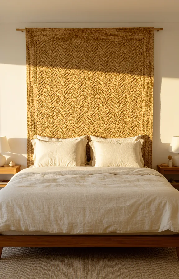 cream linen bedding, wooden frame, soft afternoon golden light highlighting textile pattern