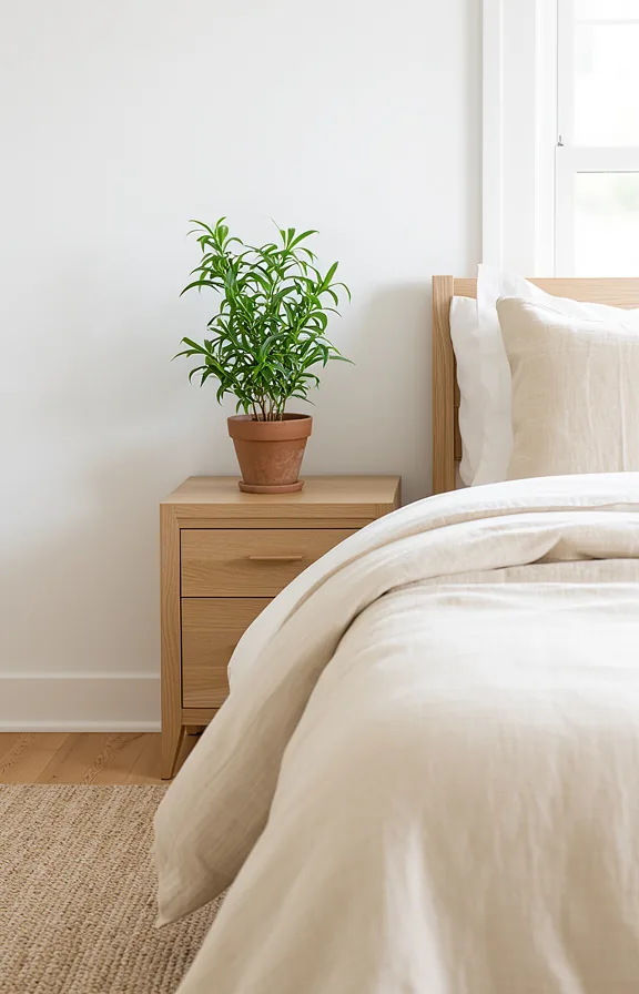 potted green plant, cream linen bedding visible, white walls