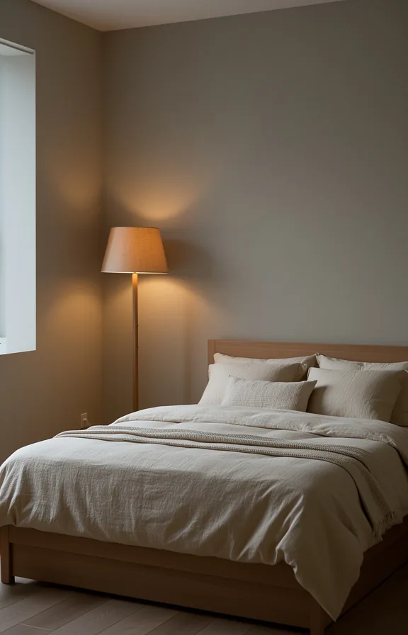 Full bedroom composition with minimalist wooden floor lamp in corner casting soft ambient light