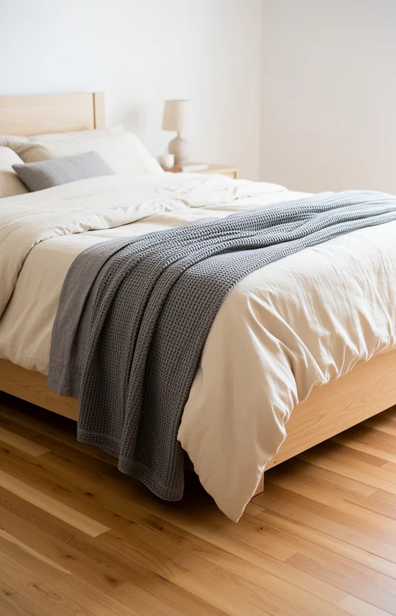 3/4 bedroom angle showing coastal grey linen throw blanket draped over light wood bed frame