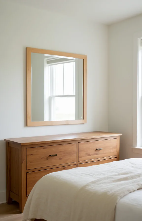 Full bedroom interior featuring simple wooden mirror with natural frame mounted above wooden dresser