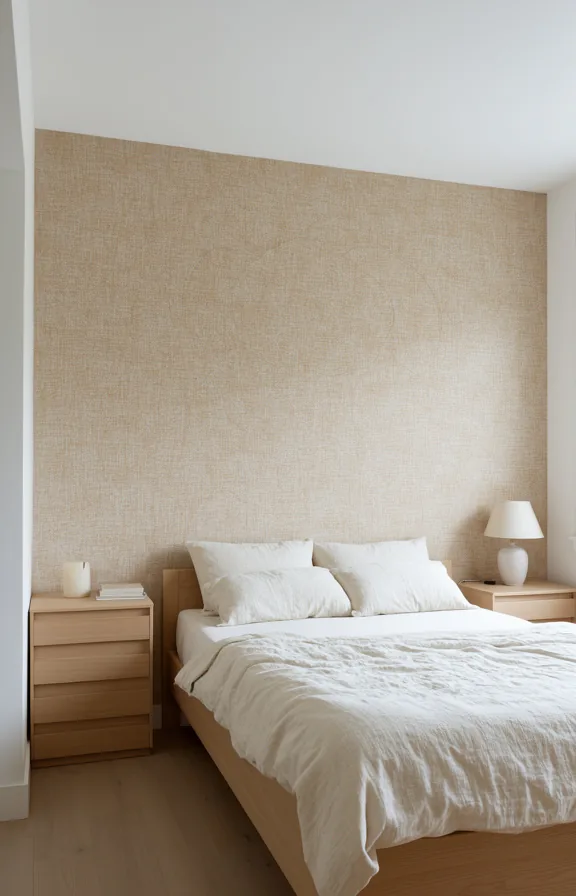 Full bedroom view with sandy textured wall covering creating subtle pattern interest