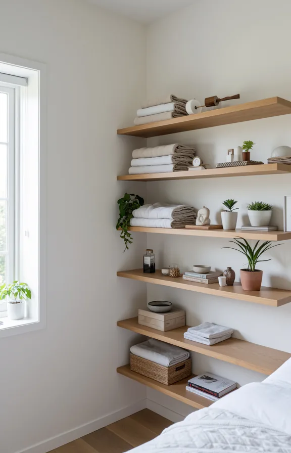 3/4 bedroom angle showing open wooden shelves styling folded linens