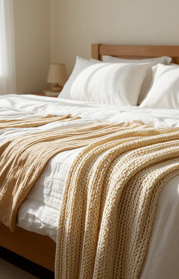 3/4 angle bedroom scene showing a bed layered with multiple linen textures in whites and warm creams